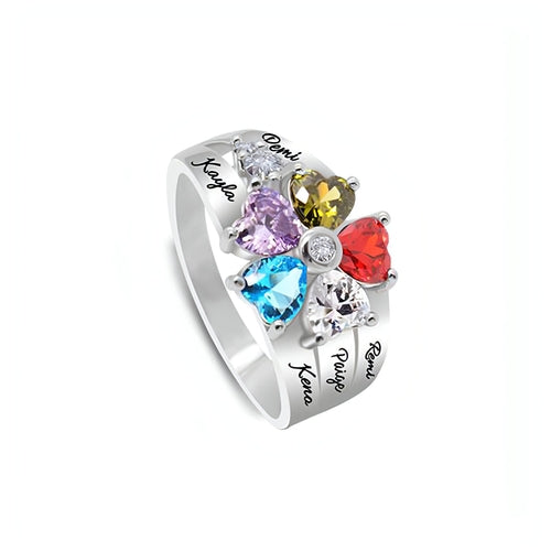 Personalised birthstone ring with name - Heart ring with 5 diamonds