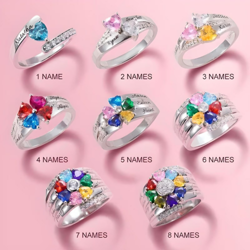 Personalised birthstone ring with name - Heart ring with 5 diamonds