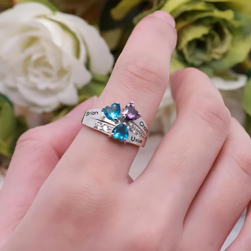 Personalised birthstone ring with name - Heart ring with 5 diamonds