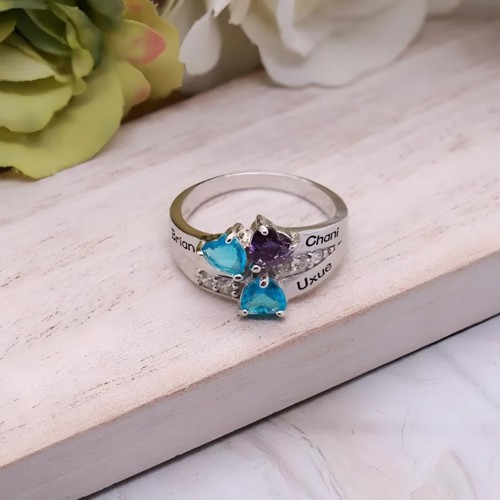 Personalised birthstone ring with name - Heart ring with 5 diamonds