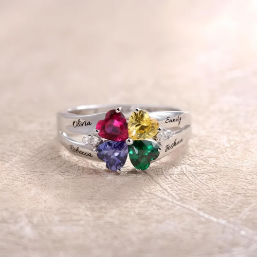 Personalised birthstone ring with name - Heart ring with 5 diamonds