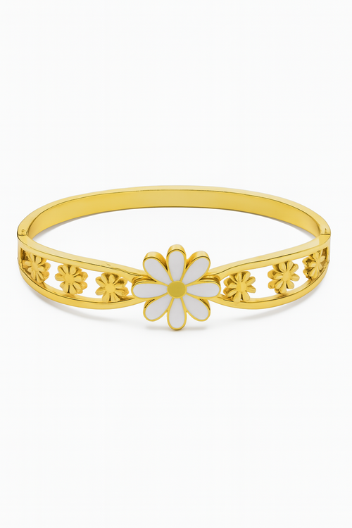 Gold Floral Bracelet – White Enamel Flower Design for Women